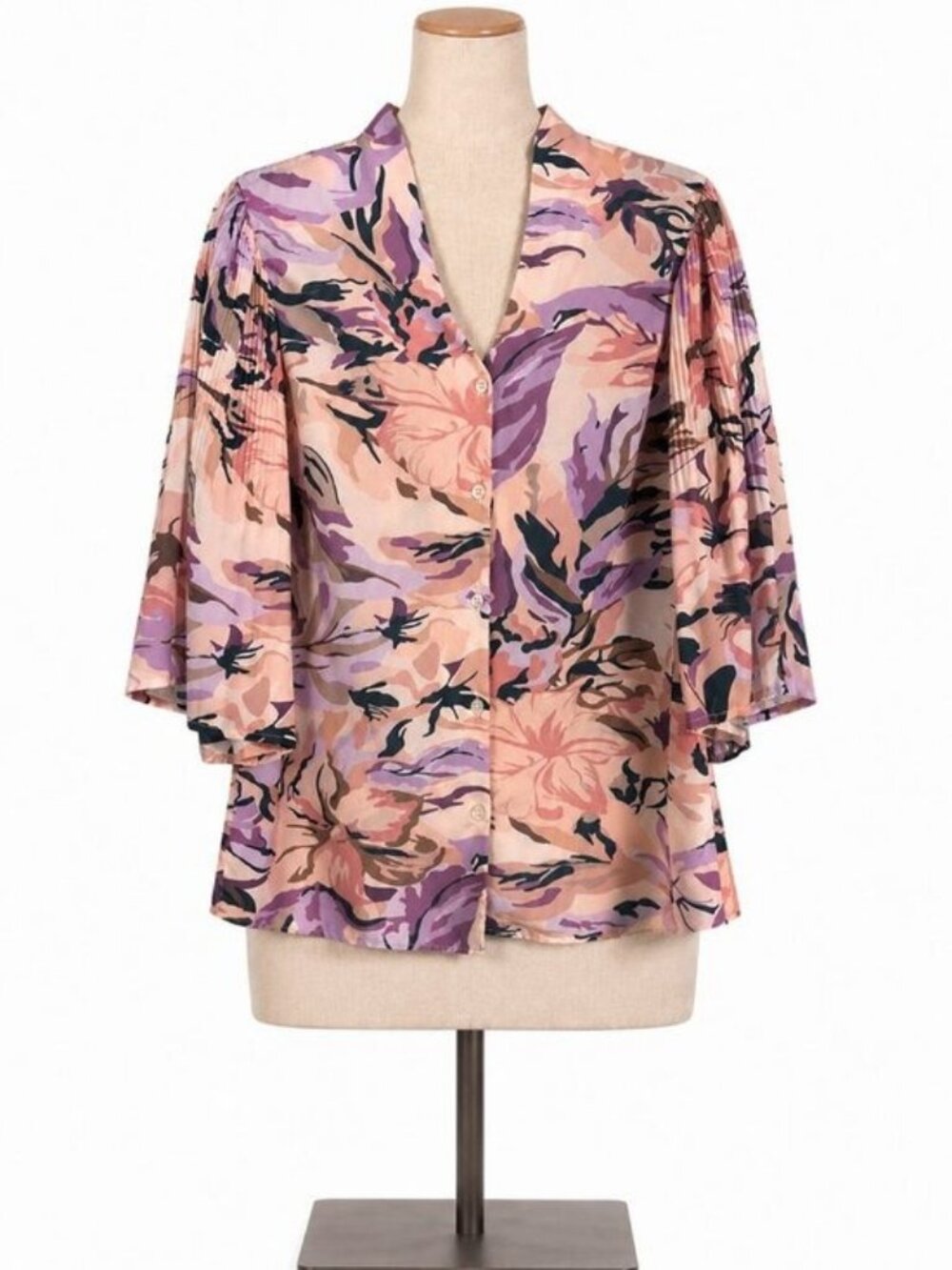 Misook Abstract Print Button Front V Neck Bell Sleeve Blouse Size S